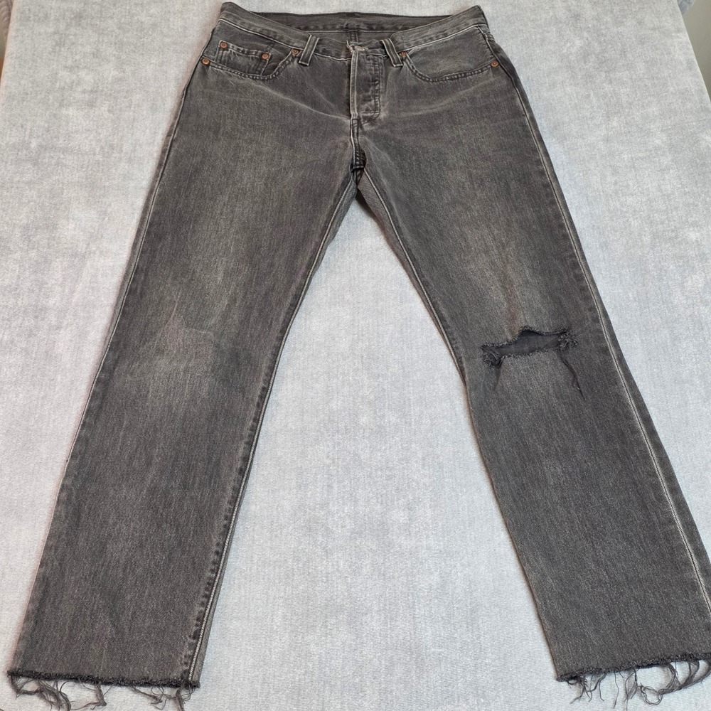 Levi's Women 501 Distressed Straight Leg Faded Black Jeans W28 L32 Button Fly